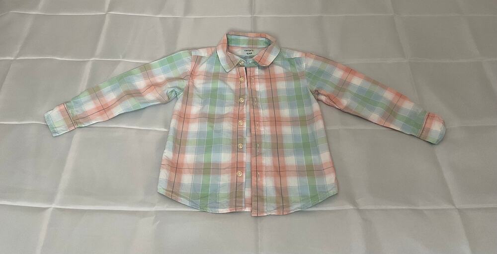 Carter's Girls Plaid Button Front Shirt Size 4 4A 100% Cotton Long Sleeve Pastel
